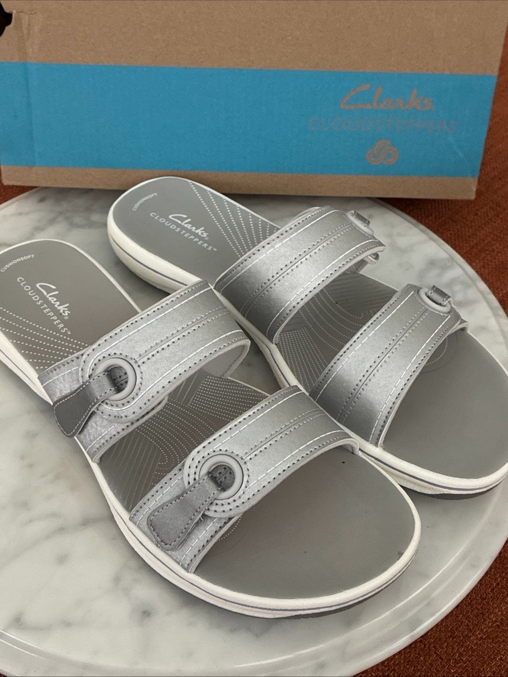 Clarks Silver Double-Strap Slide Sandals Cloud Steppers Size 10 M NEW